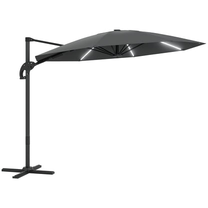Aluminum Cantilever Umbrella LED Solar Ø300cm Height Adjustable Sun Umbrella with Crank Stand UV50+ Water Resistant 360° Rotatable Market Umbrella Tiltable Parasol Sun Protection for Garden Balcony - Dark Gray