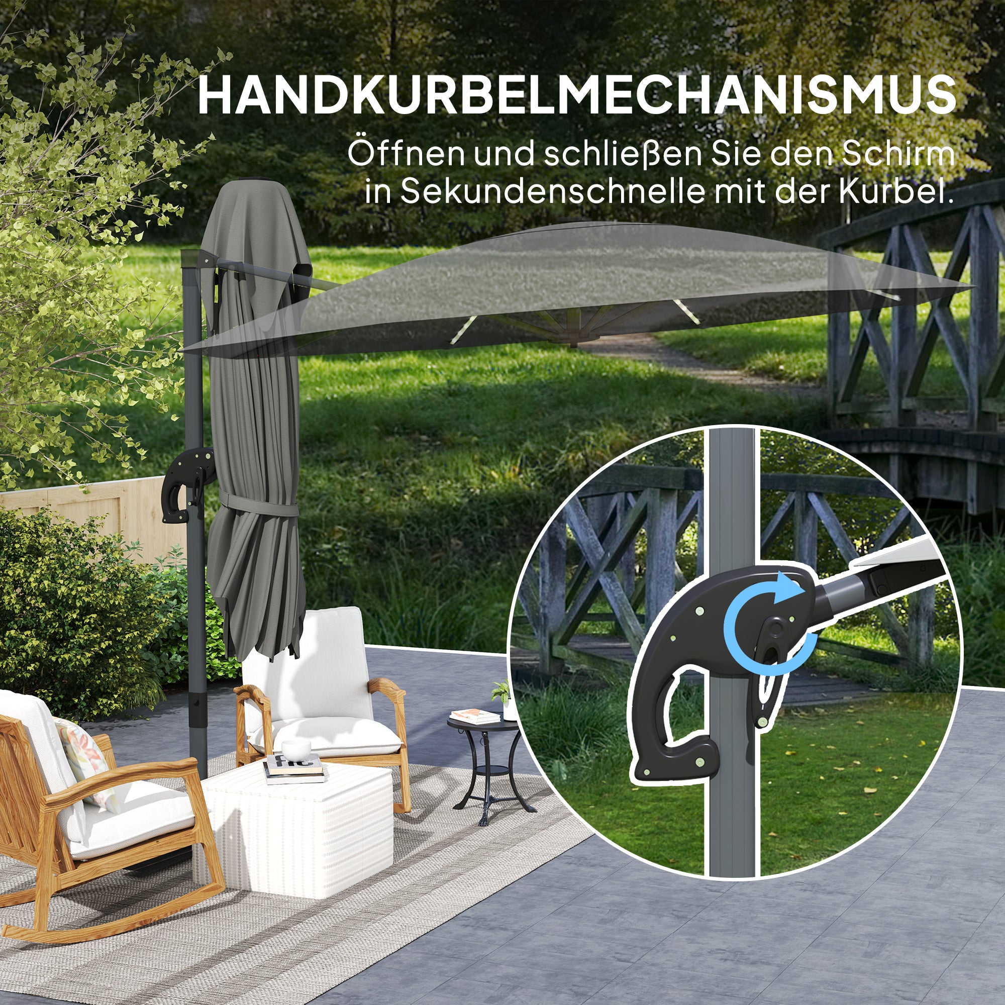 Aluminum Cantilever Umbrella LED Solar Ø300cm Height Adjustable Sun Umbrella with Crank Stand UV50+ Water Resistant 360° Rotatable Market Umbrella Tiltable Parasol Sun Protection for Garden Balcony - Dark Gray