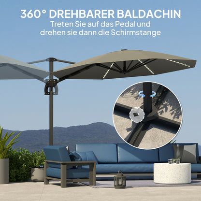 Aluminum Cantilever Umbrella LED Solar Ø300cm Height Adjustable Sun Umbrella with Crank Stand UV50+ Water Resistant 360° Rotatable Market Umbrella Tiltable Parasol Sun Protection for Garden Balcony - Dark Gray