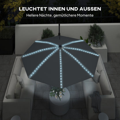 Aluminum Cantilever Umbrella LED Solar Ø300cm Height Adjustable Sun Umbrella with Crank Stand UV50+ Water Resistant 360° Rotatable Market Umbrella Tiltable Parasol Sun Protection for Garden Balcony - Dark Gray