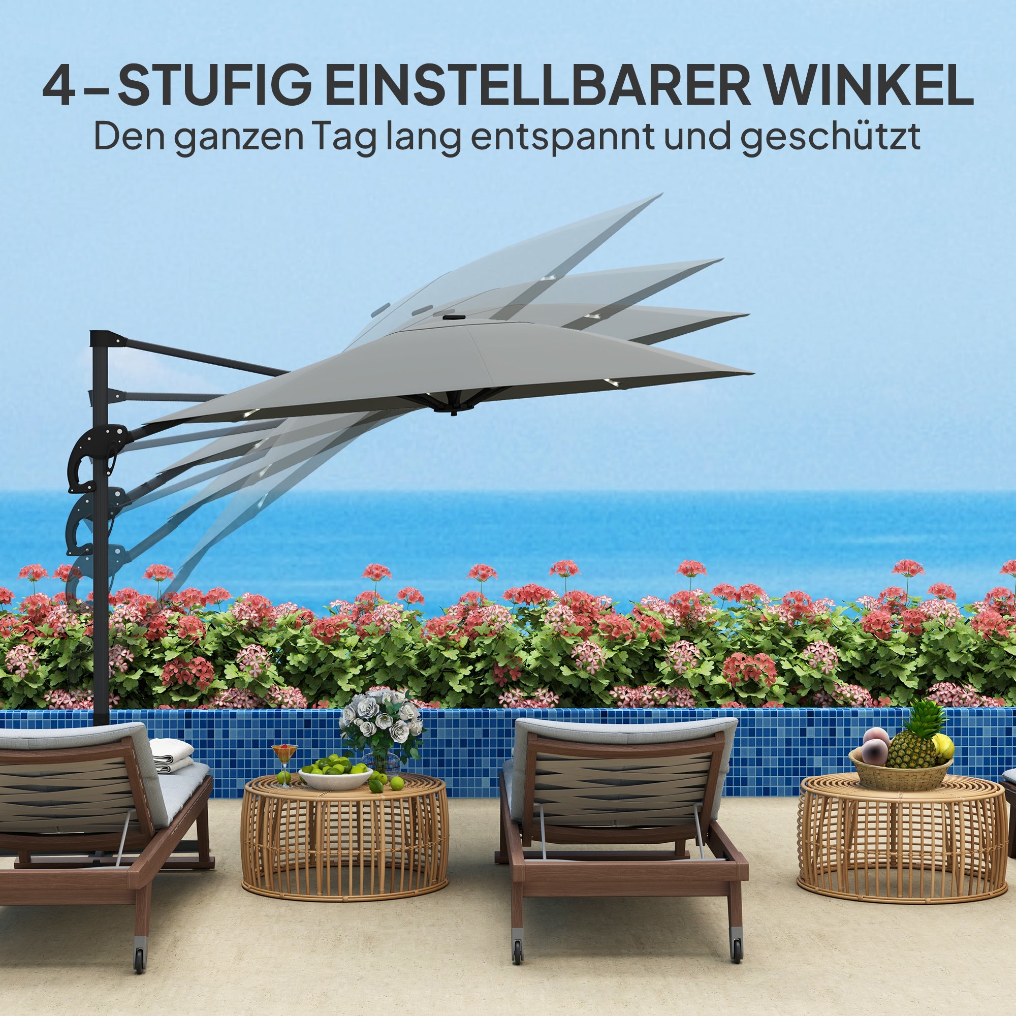 Aluminum Cantilever Umbrella LED Solar Ø300cm Height Adjustable Sun Umbrella with Crank Stand UV50+ Water Resistant 360° Rotatable Market Umbrella Tiltable Parasol Sun Protection for Garden Balcony - Dark Gray