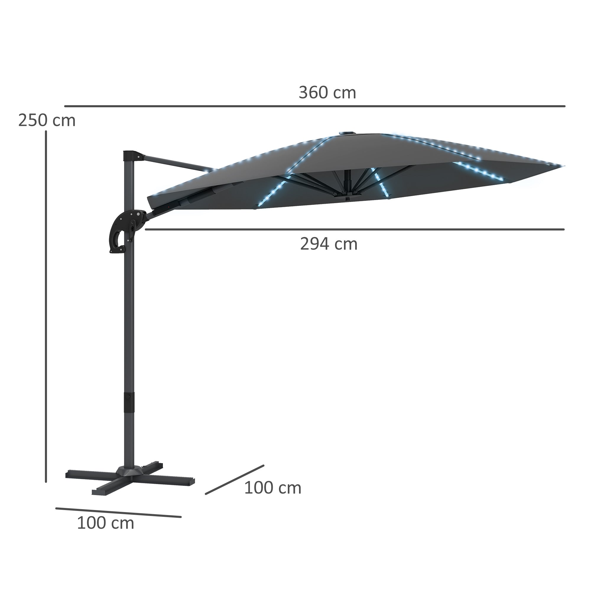 Aluminum Cantilever Umbrella LED Solar Ø300cm Height Adjustable Sun Umbrella with Crank Stand UV50+ Water Resistant 360° Rotatable Market Umbrella Tiltable Parasol Sun Protection for Garden Balcony - Dark Gray