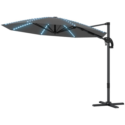 Aluminum Cantilever Umbrella LED Solar Ø300cm Height Adjustable Sun Umbrella with Crank Stand UV50+ Water Resistant 360° Rotatable Market Umbrella Tiltable Parasol Sun Protection for Garden Balcony - Dark Gray