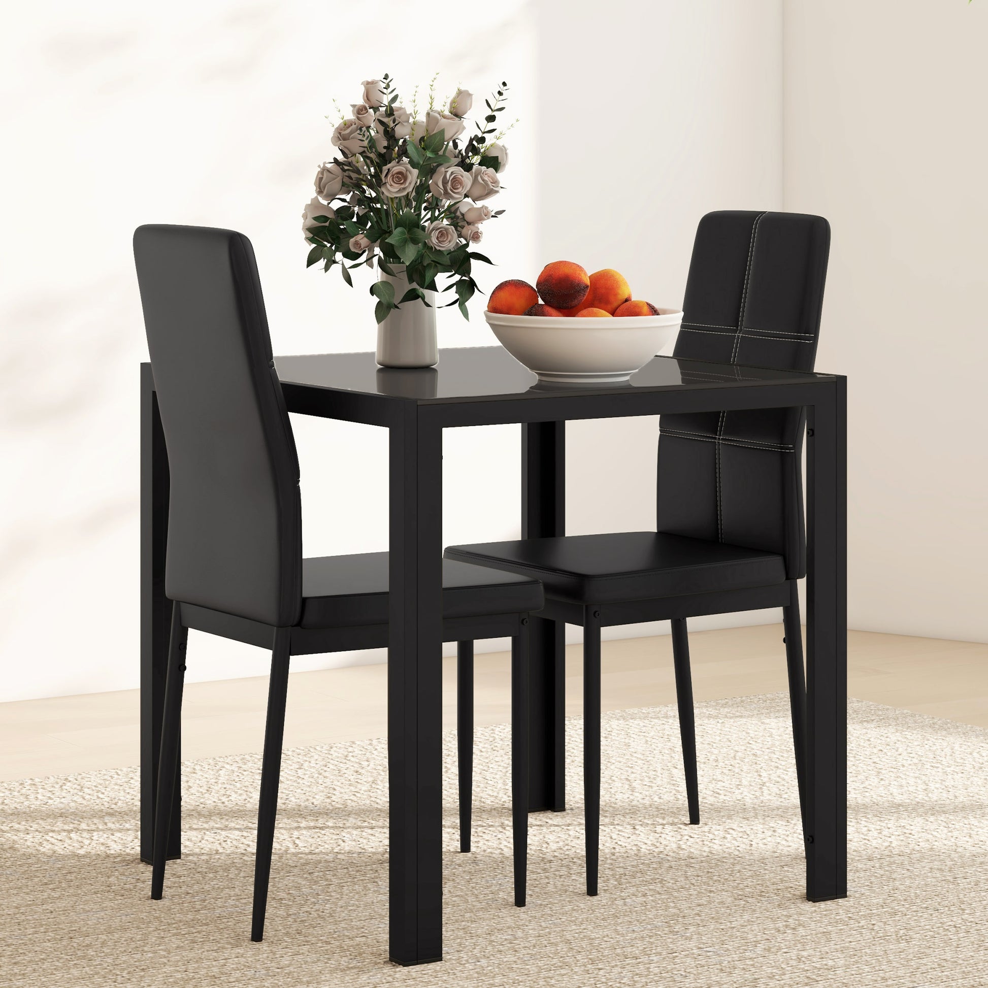 Dining Set Dining Table with 4 Chairs Space-Saving Dining Group Seating Set, Safety Glass Tabletop, Faux Leather Kitchen Table Set for Dining Room, Kitchen Black