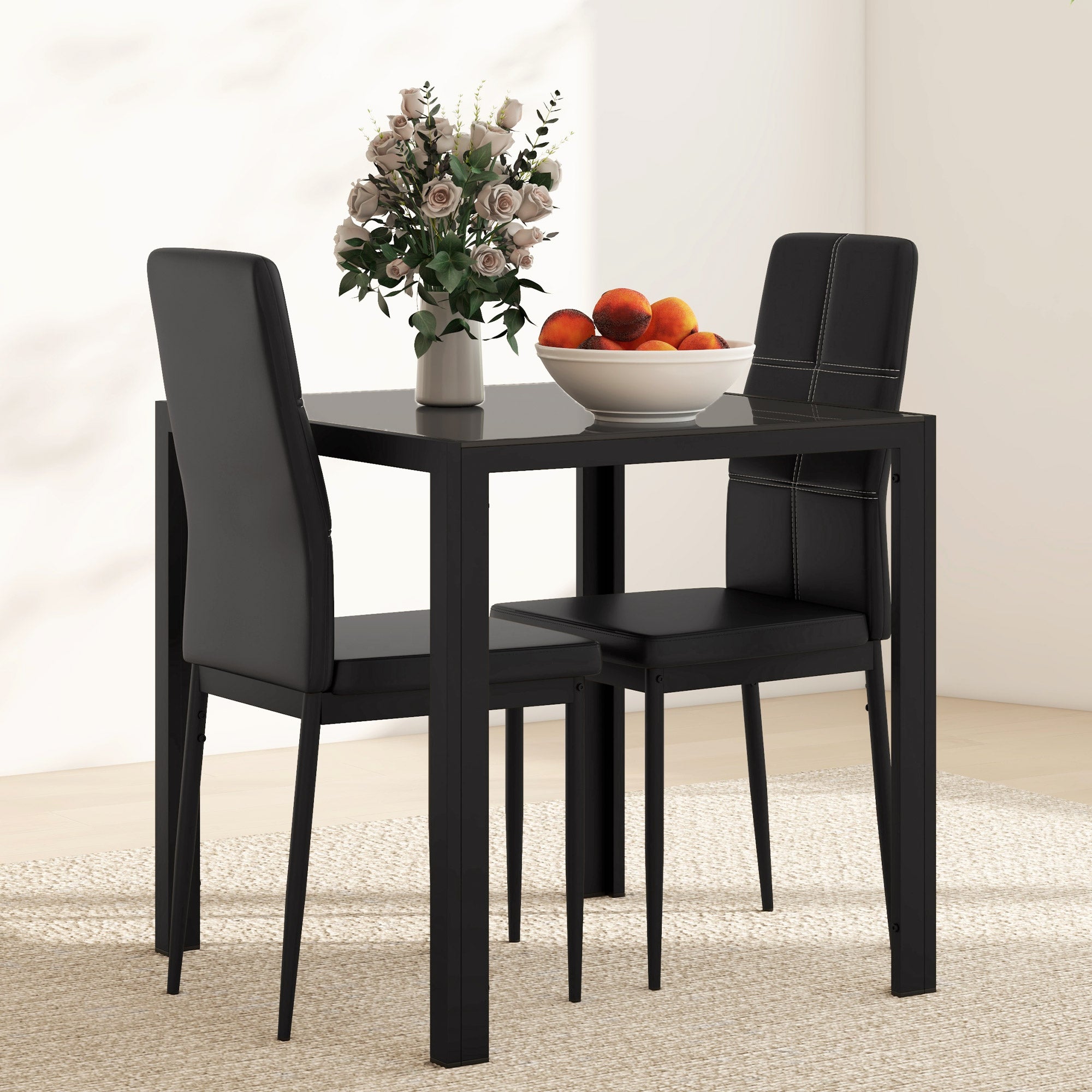 Dining Set Dining Table with 4 Chairs Space-Saving Dining Group Seating Set, Safety Glass Tabletop, Faux Leather Kitchen Table Set for Dining Room, Kitchen Black