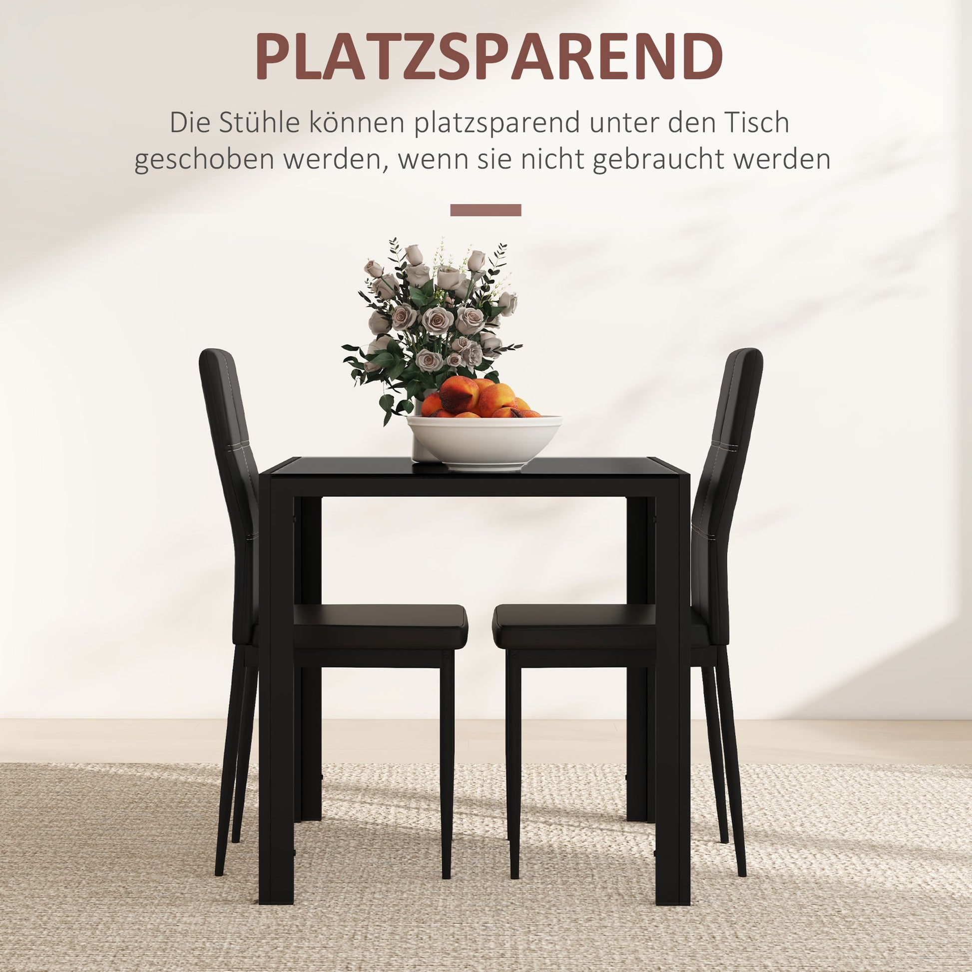 Dining Set Dining Table with 4 Chairs Space-Saving Dining Group Seating Set, Safety Glass Tabletop, Faux Leather Kitchen Table Set for Dining Room, Kitchen Black