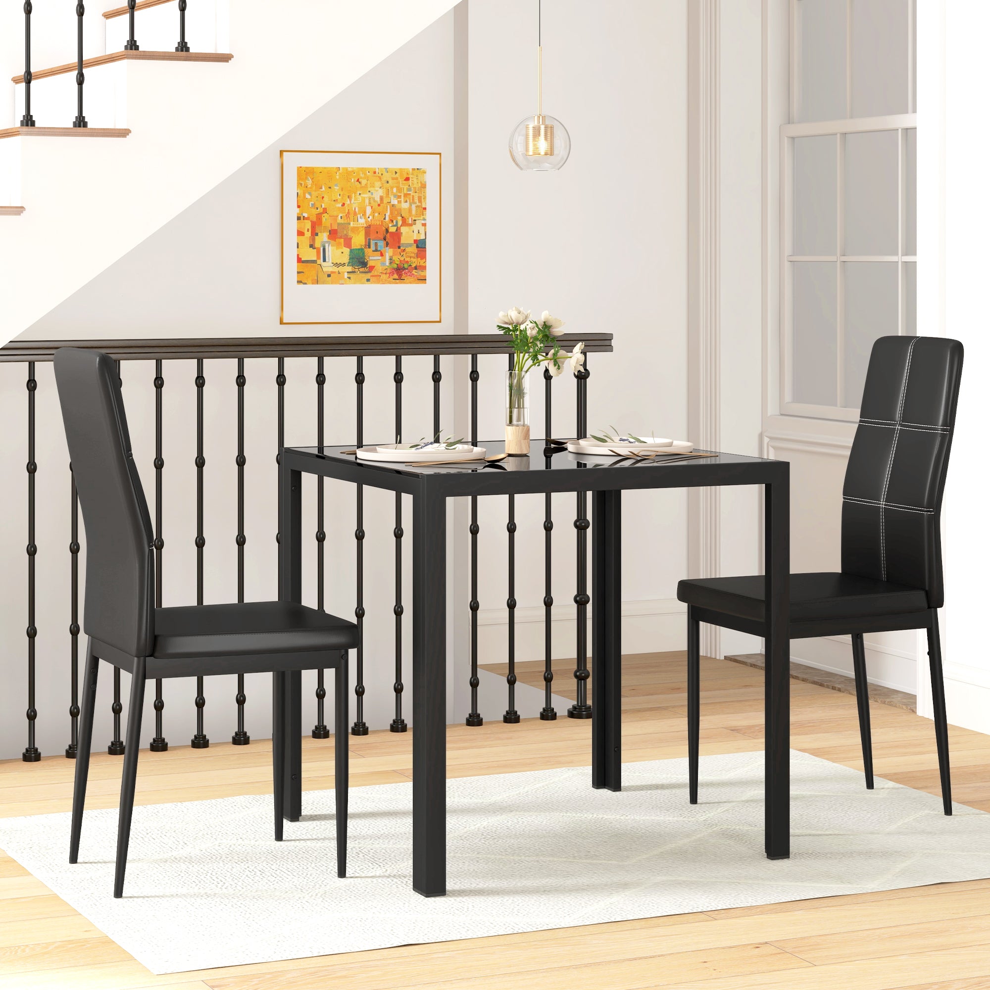 Dining Set Dining Table with 4 Chairs Space-Saving Dining Group Seating Set, Safety Glass Tabletop, Faux Leather Kitchen Table Set for Dining Room, Kitchen Black