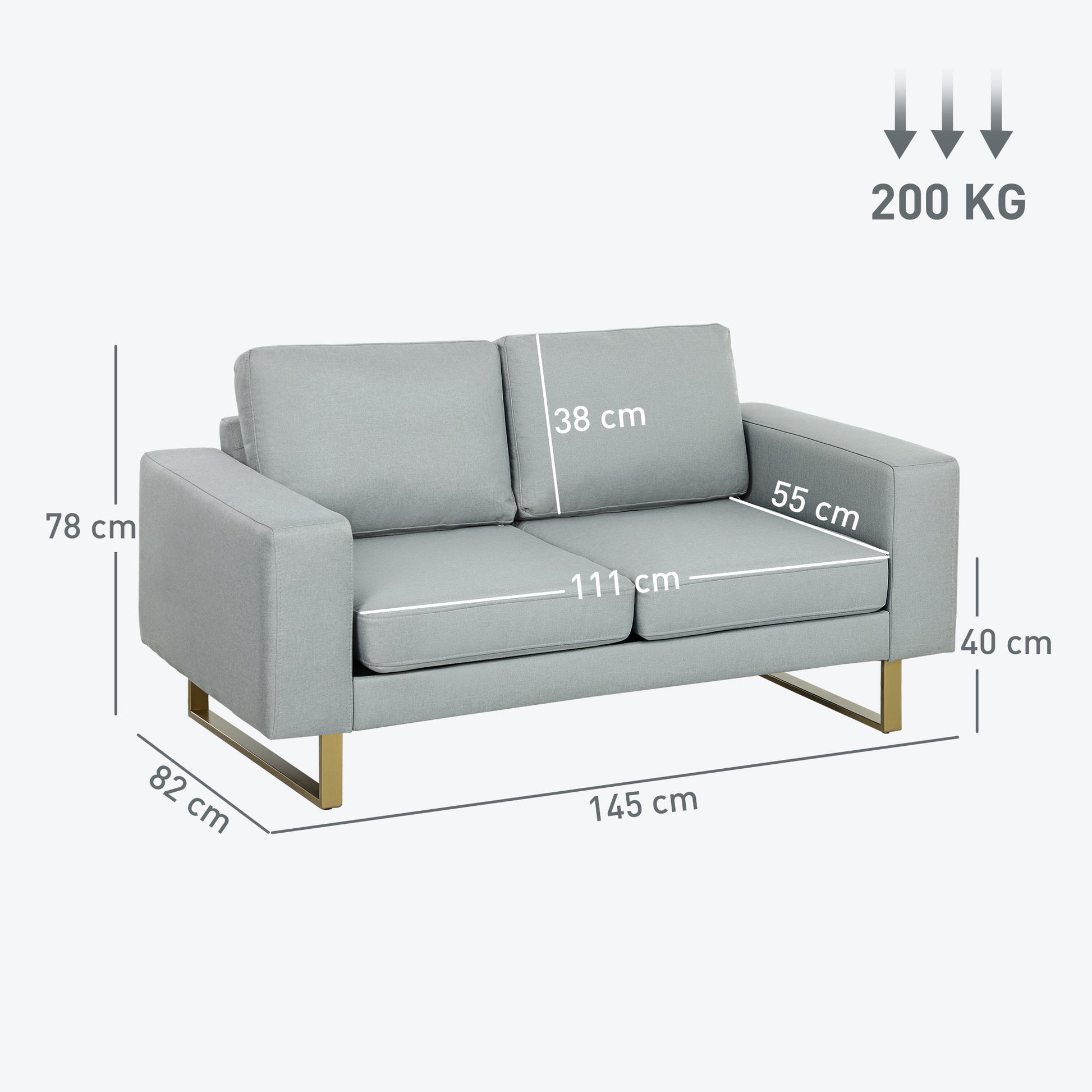 2 Seater Sofa Two-Seater Fabric Sofa with Cushions Armrest Linen Look for Bedroom 145 x 82 x 78 cm Light Gray