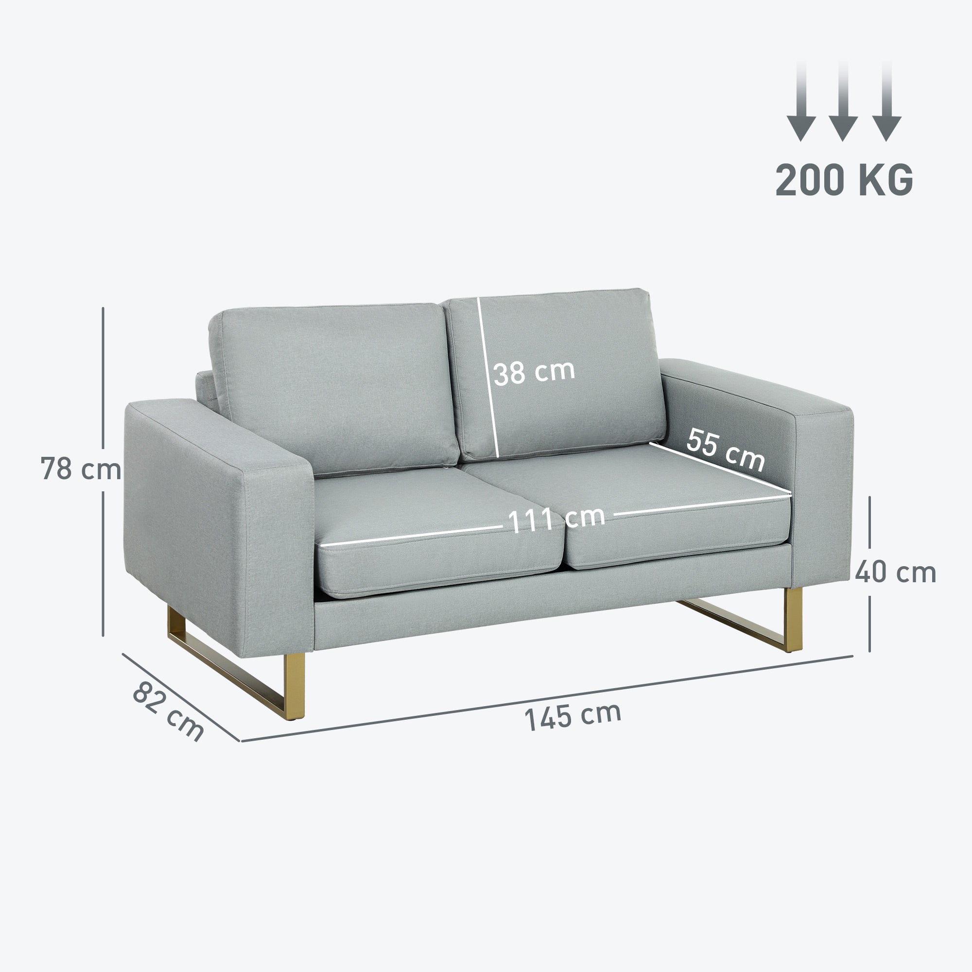 2 Seater Sofa Two-Seater Fabric Sofa with Cushions Armrest Linen Look for Bedroom 145 x 82 x 78 cm Light Gray