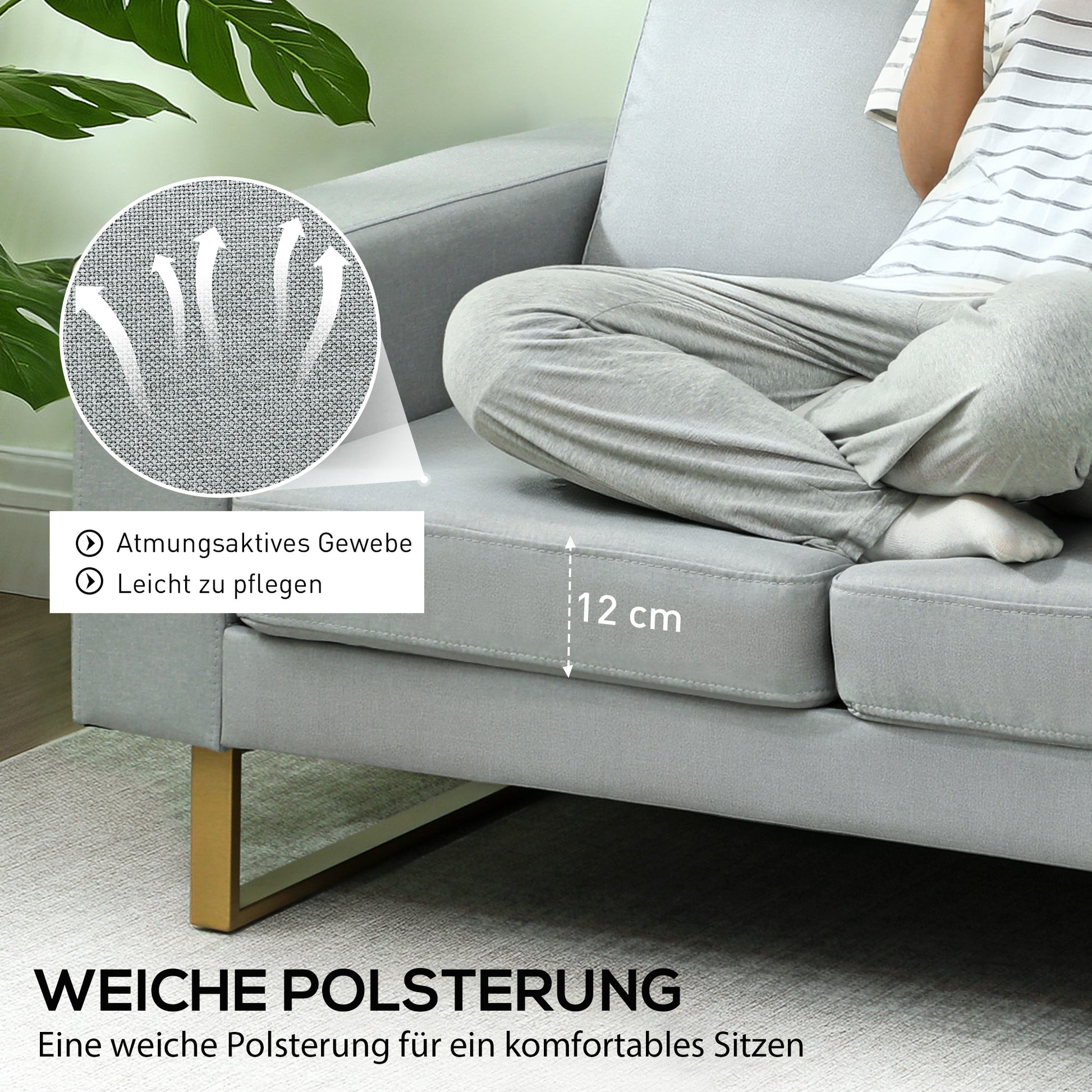 2 Seater Sofa Two-Seater Fabric Sofa with Cushions Armrest Linen Look for Bedroom 145 x 82 x 78 cm Light Gray