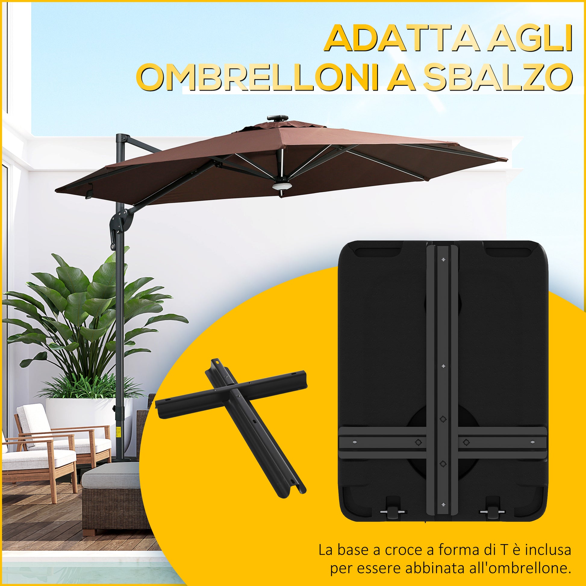 HDPE Garden Umbrella Base, Fillable with 70 kg of Water or 90 kg of Sand, Support for 130mm Umbrella Poles with 2 Wheels and Handle, Black