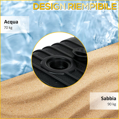 HDPE Garden Umbrella Base, Fillable with 70 kg of Water or 90 kg of Sand, Support for 130mm Umbrella Poles with 2 Wheels and Handle, Black