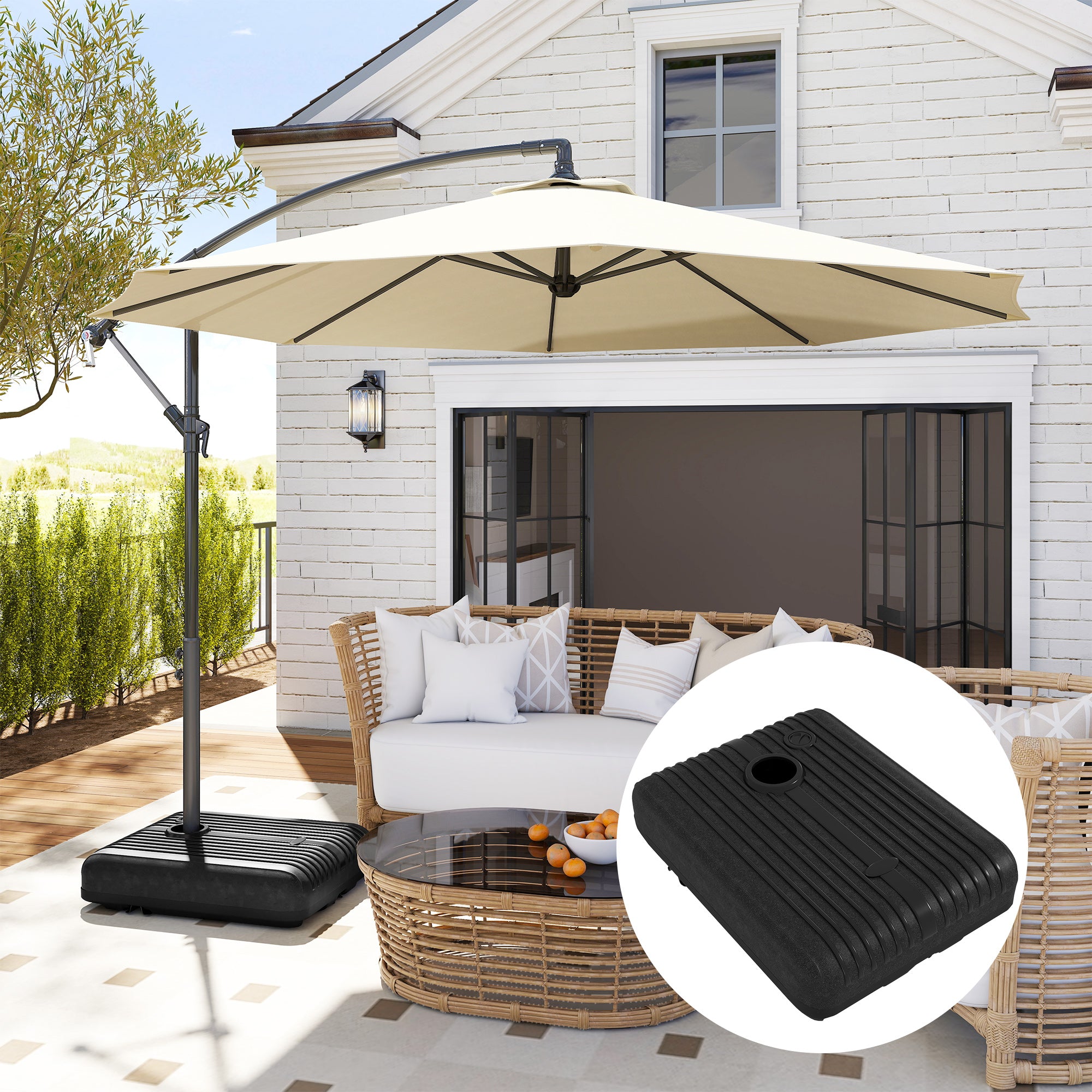 HDPE Garden Umbrella Base, Fillable with 70 kg of Water or 90 kg of Sand, Support for 130mm Umbrella Poles with 2 Wheels and Handle, Black