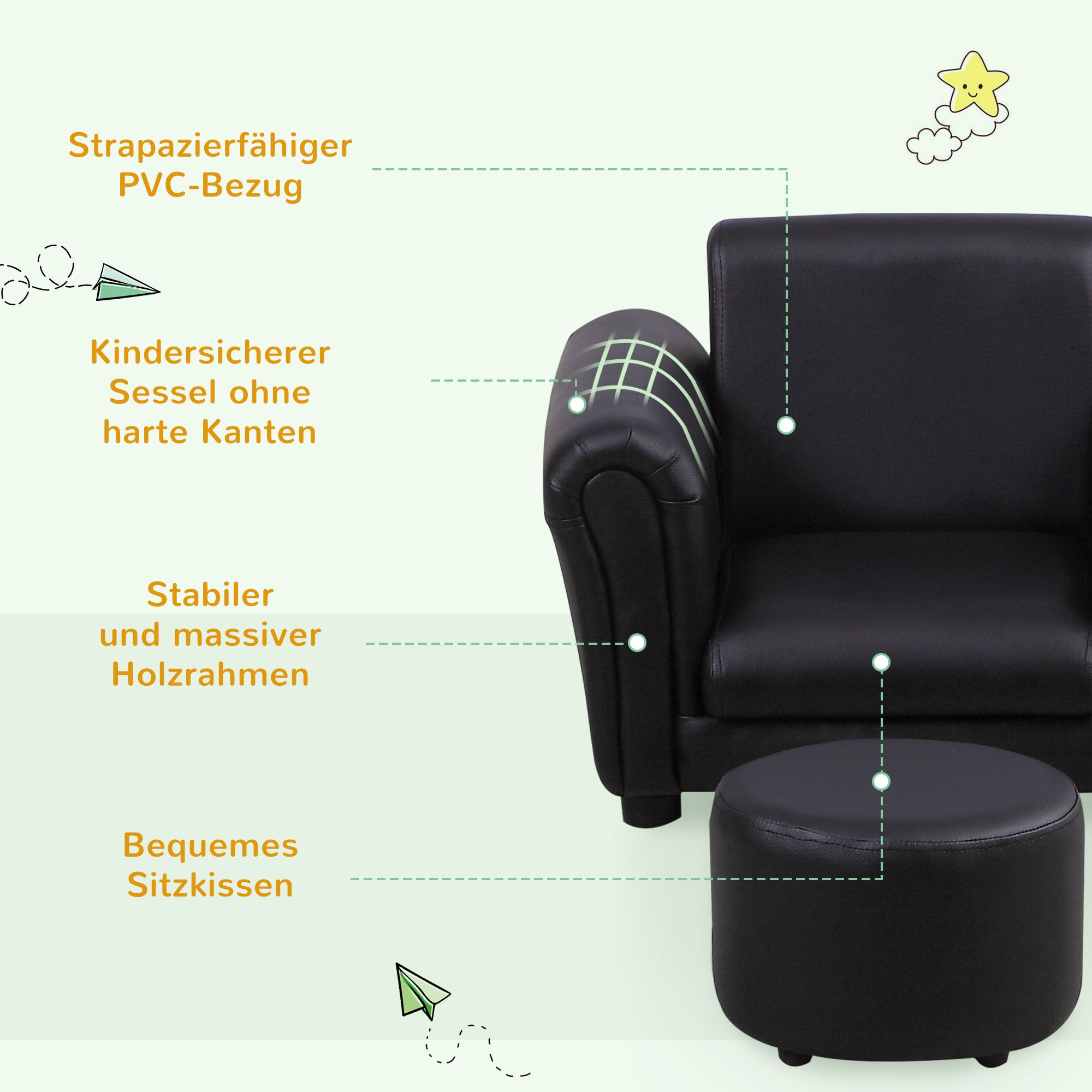 Kids Armchair with Footstool Children's Couch Kids Sofa Mini Sofa for 1.5-3 Years Kids Children's Furniture Wood Black 54 x 42 x 41 cm