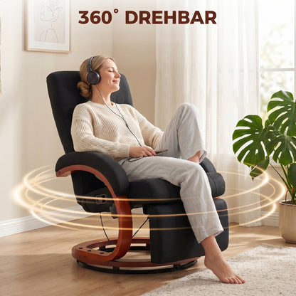 Reclining Armchair with Footrest – High-Back TV Chair, Ergonomic Armrests, Eucalyptus Wood Base, Linen-Look Fabric, Recliner for Living Room & Bedroom (Black)