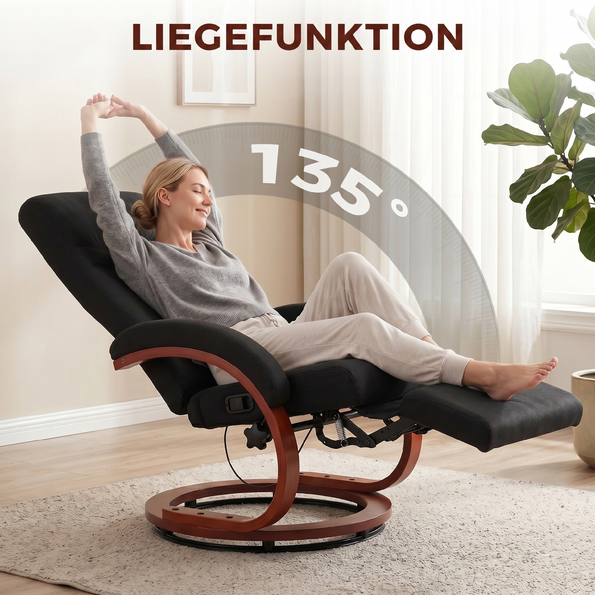 Reclining Armchair with Footrest – High-Back TV Chair, Ergonomic Armrests, Eucalyptus Wood Base, Linen-Look Fabric, Recliner for Living Room & Bedroom (Black)