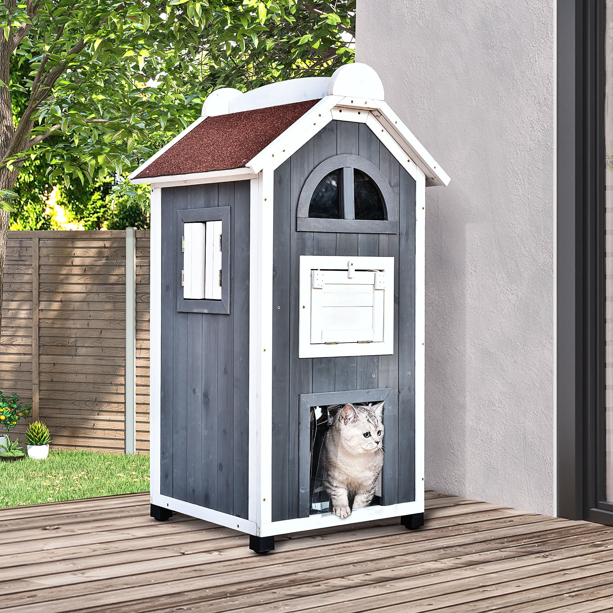 Cat House for Cat Bed or Litter Box, Cat Cabinet, Indoor Cat Toilet, Fir Wood, Asphalt Roof, Gray, 59 x 55 x 109 cm