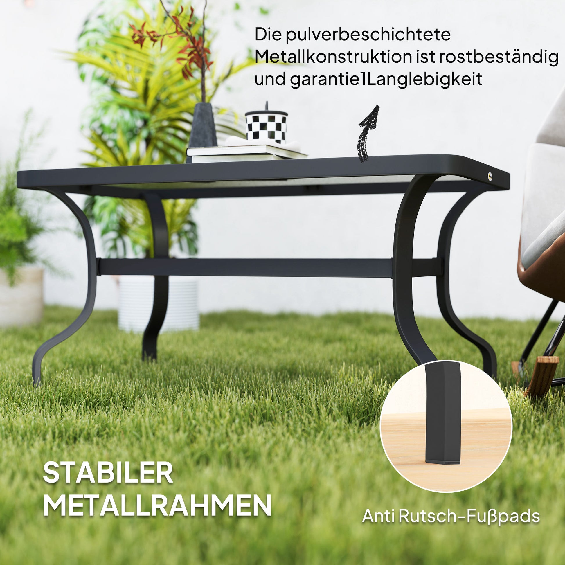 Side Table Tempered Glass Coffee Table with Wave Design, Rounded Corner Balcony Table Patio Table Sofa Table Tea Table Garden Furniture for Living Room Garden Terrace Balcony, 95x55 cm Black