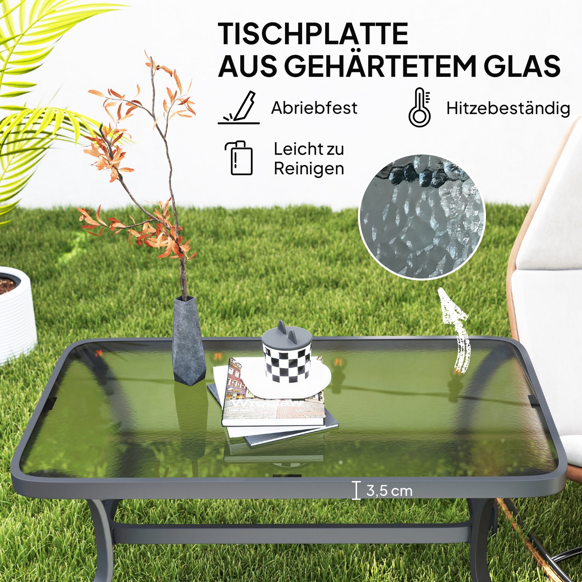 Side Table Tempered Glass Coffee Table with Wave Design, Rounded Corner Balcony Table Patio Table Sofa Table Tea Table Garden Furniture for Living Room Garden Terrace Balcony, 95x55 cm Black