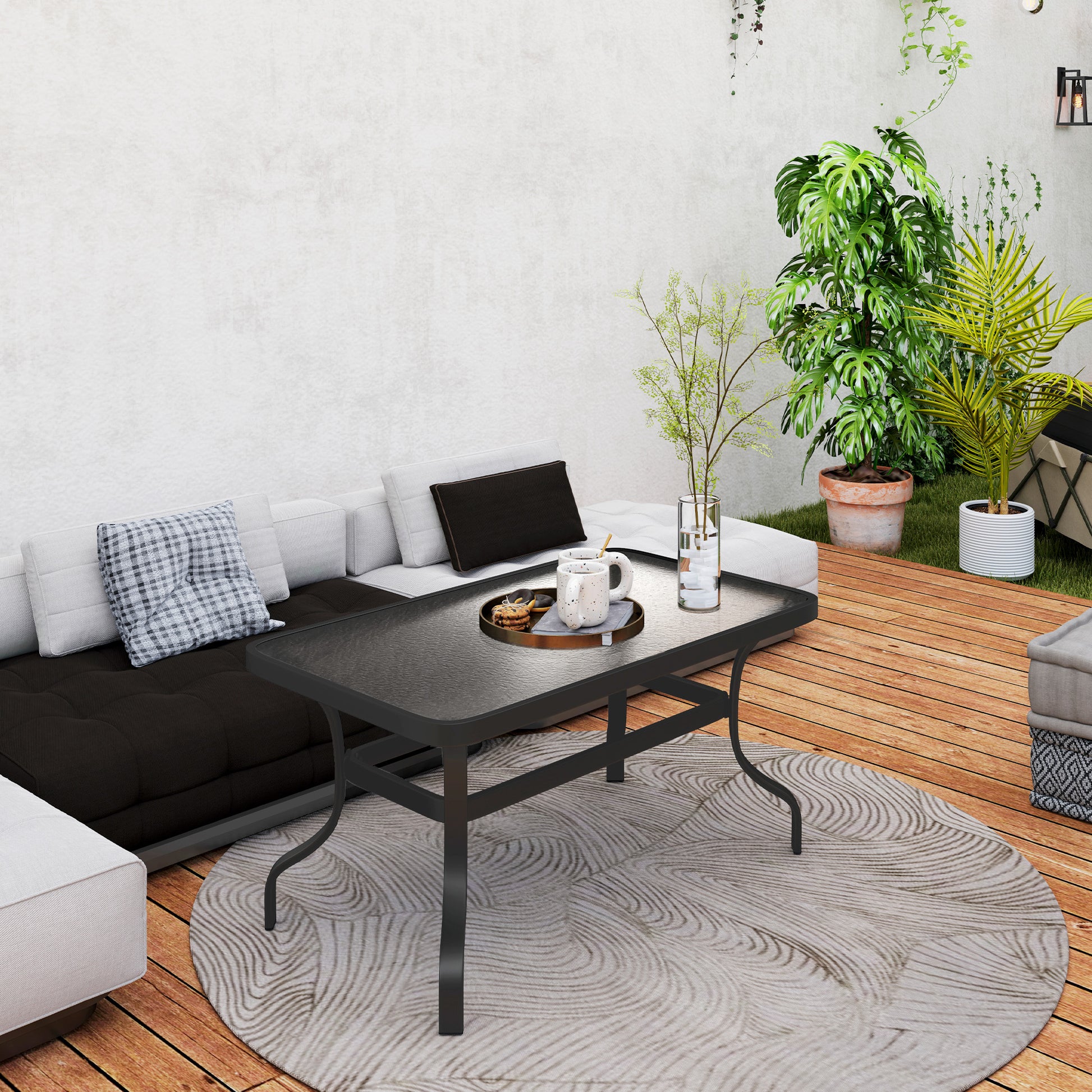 Side Table Tempered Glass Coffee Table with Wave Design, Rounded Corner Balcony Table Patio Table Sofa Table Tea Table Garden Furniture for Living Room Garden Terrace Balcony, 95x55 cm Black