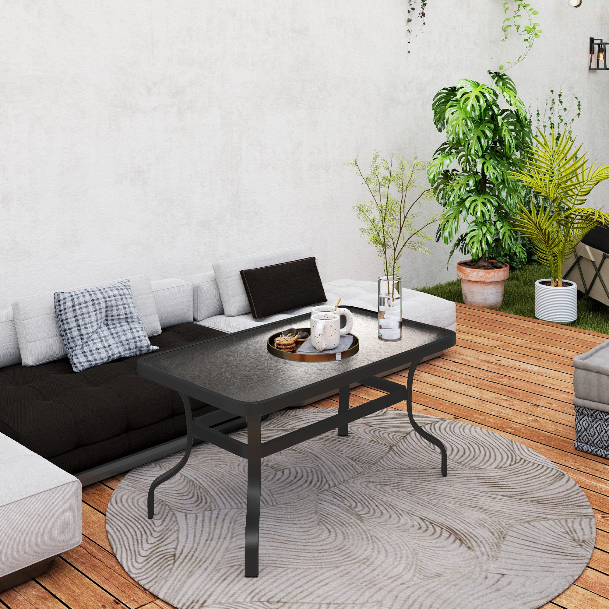 Side Table Tempered Glass Coffee Table with Wave Design, Rounded Corner Balcony Table Patio Table Sofa Table Tea Table Garden Furniture for Living Room Garden Terrace Balcony, 95x55 cm Black