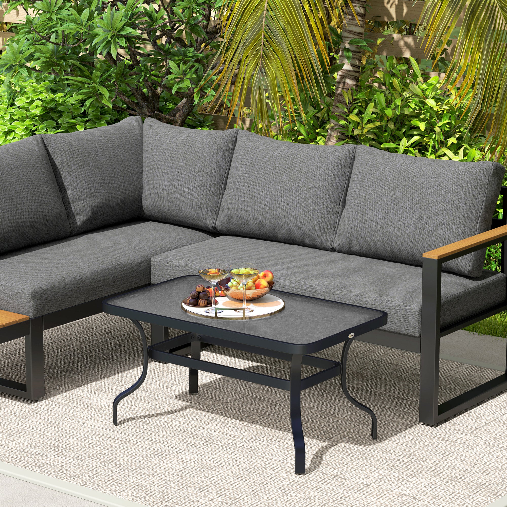 Side Table Tempered Glass Coffee Table with Wave Design, Rounded Corner Balcony Table Patio Table Sofa Table Tea Table Garden Furniture for Living Room Garden Terrace Balcony, 95x55 cm Black