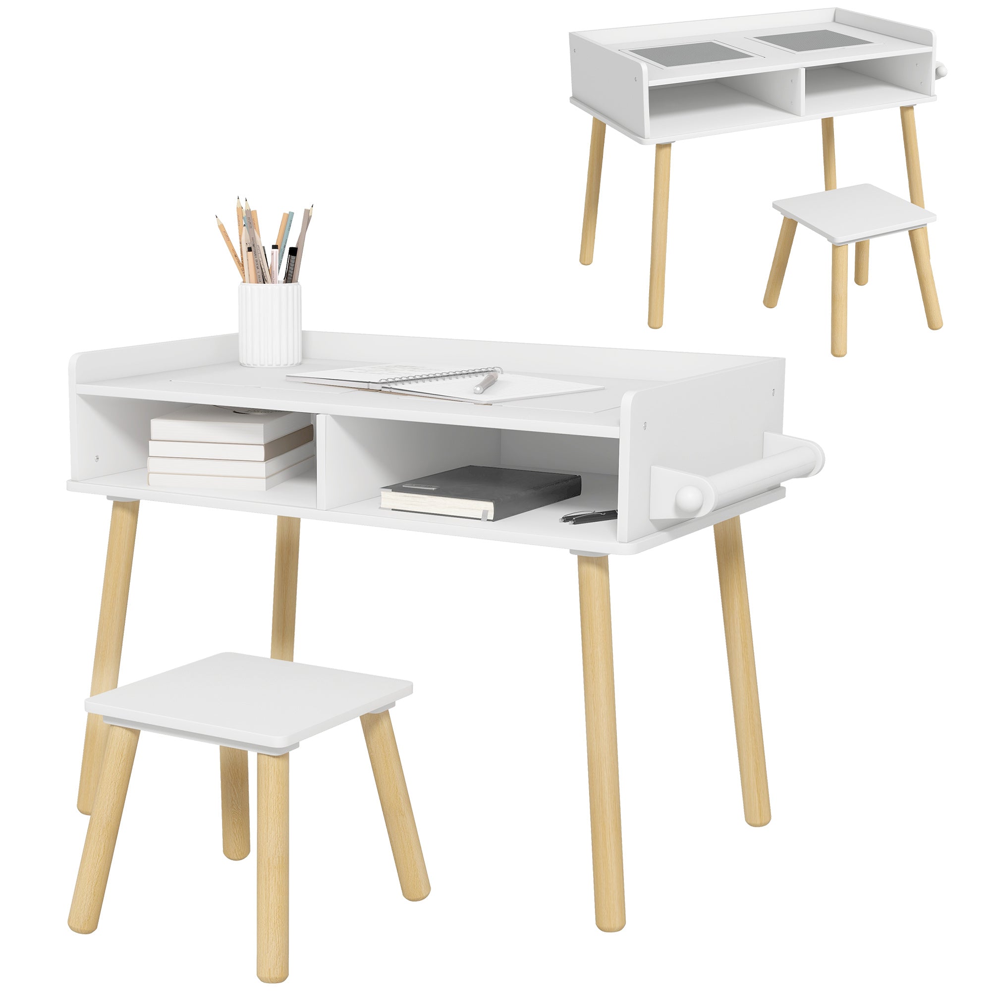 Kids Table and Chair Set Children's Table with Building Block Board and Paper Roll for Drawing in Nursery Playroom White