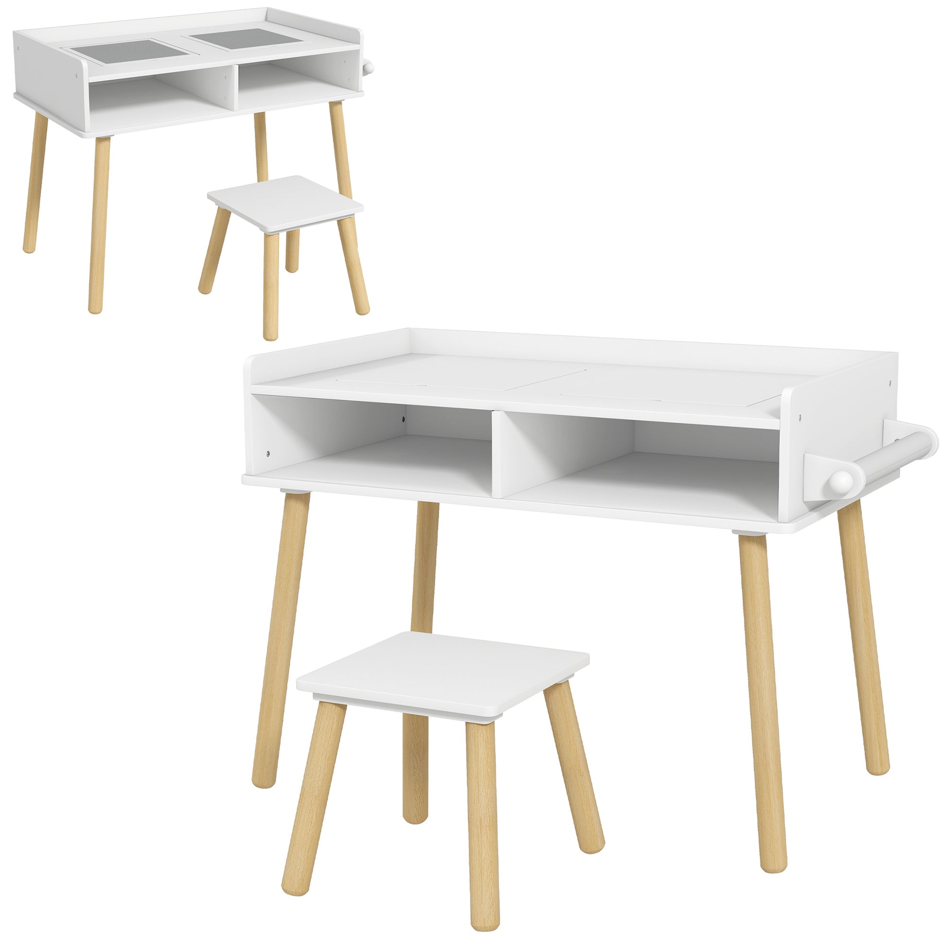 Kids Table and Chair Set Children's Table with Building Block Board and Paper Roll for Drawing in Nursery Playroom White