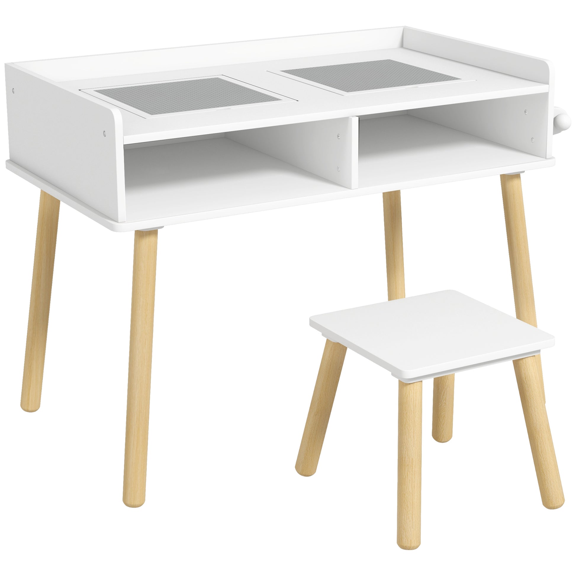 Kids Table and Chair Set Children's Table with Building Block Board and Paper Roll for Drawing in Nursery Playroom White