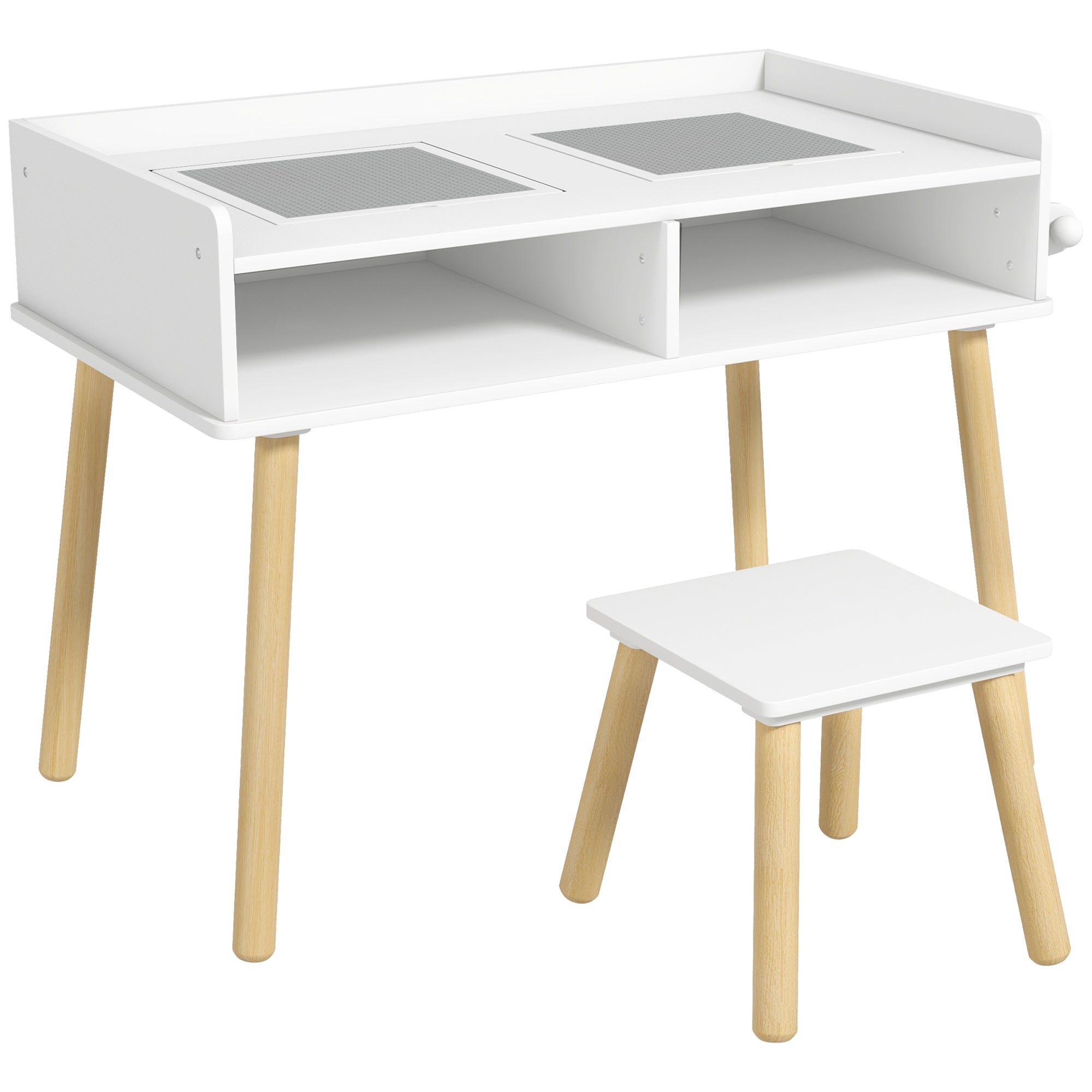 Kids Table and Chair Set Children's Table with Building Block Board and Paper Roll for Drawing in Nursery Playroom White