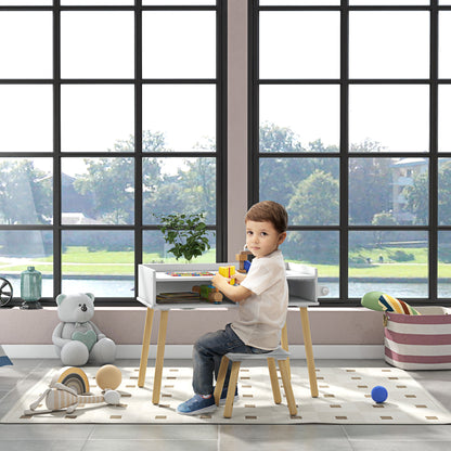 Kids Table and Chair Set Children's Table with Building Block Board and Paper Roll for Drawing in Nursery Playroom White