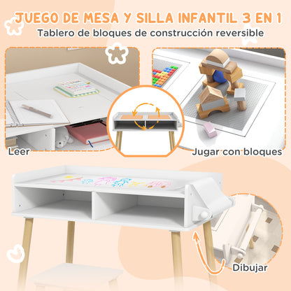 Kids Table and Chair Set Children's Table with Building Block Board and Paper Roll for Drawing in Nursery Playroom White