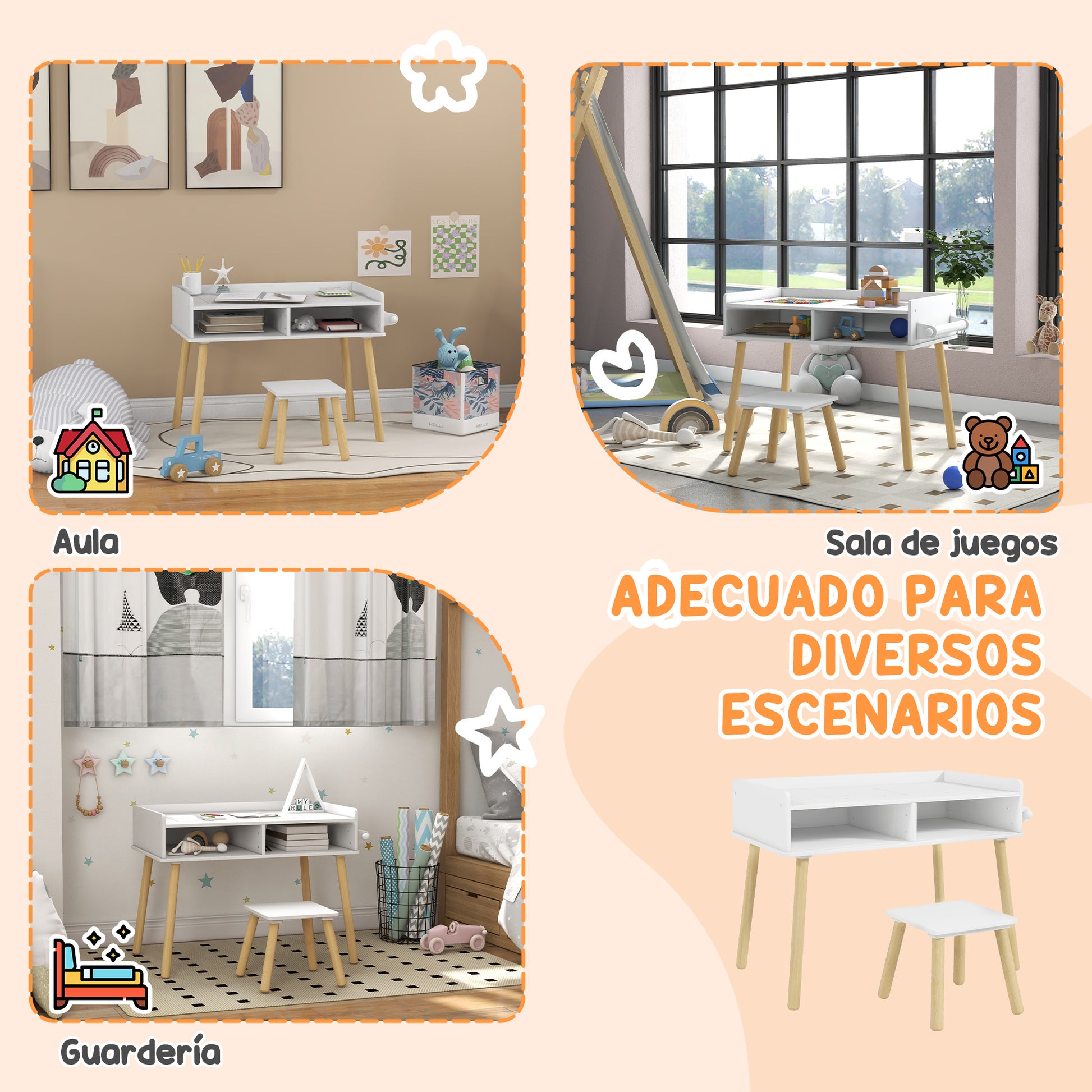 Kids Table and Chair Set Children's Table with Building Block Board and Paper Roll for Drawing in Nursery Playroom White