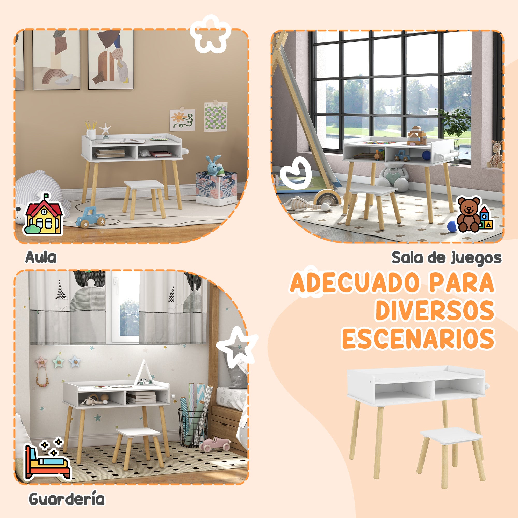 Kids Table and Chair Set Children's Table with Building Block Board and Paper Roll for Drawing in Nursery Playroom White