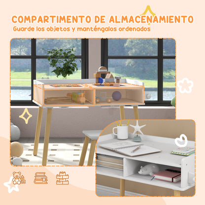 Kids Table and Chair Set Children's Table with Building Block Board and Paper Roll for Drawing in Nursery Playroom White