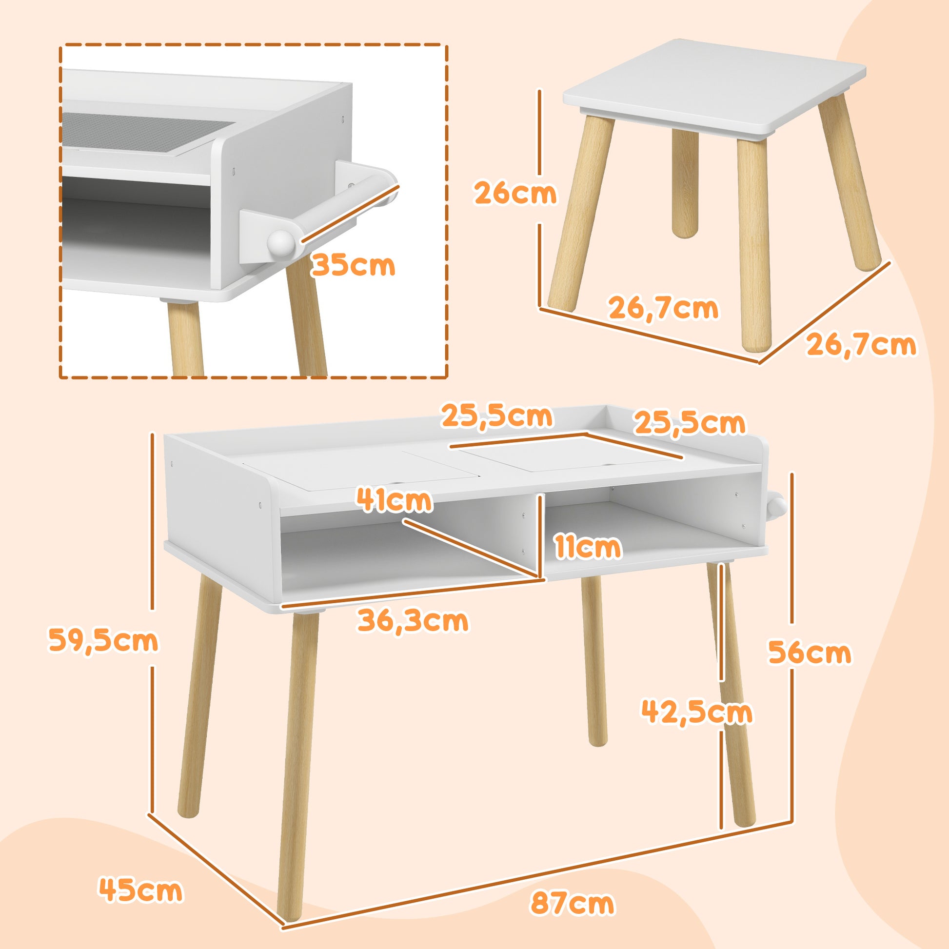 Kids Table and Chair Set Children's Table with Building Block Board and Paper Roll for Drawing in Nursery Playroom White