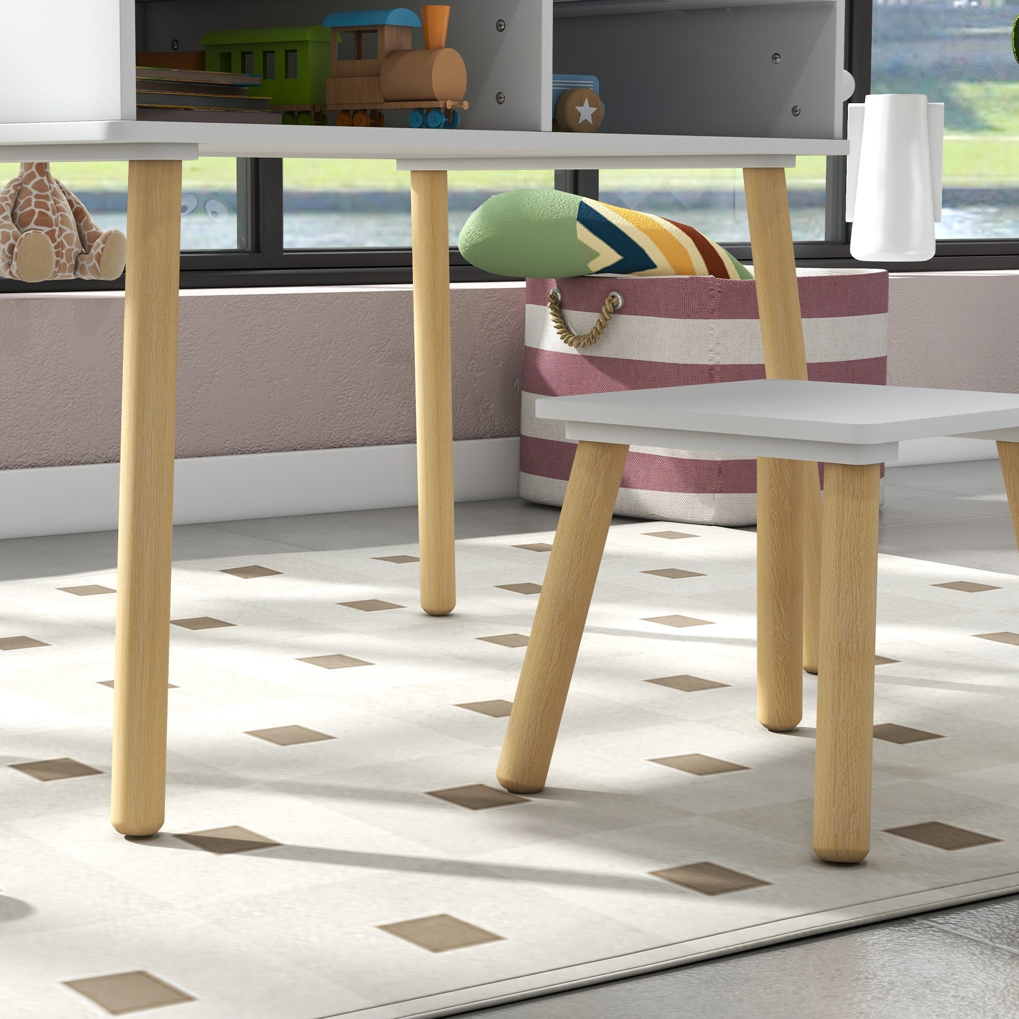 Kids Table and Chair Set Children's Table with Building Block Board and Paper Roll for Drawing in Nursery Playroom White