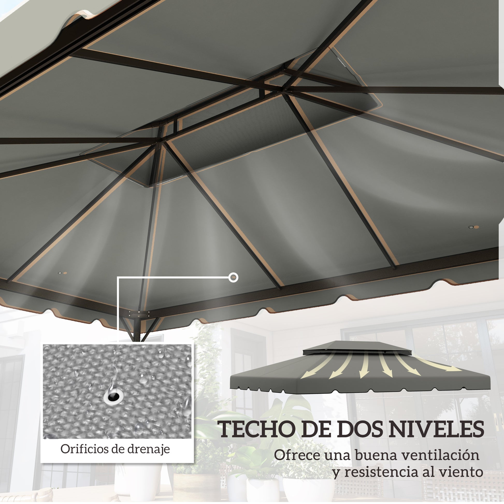 Replacement Canopy for Gazebo 4x3 m Double Roof Replacement Cover with 8 Drainage Holes Replacement Canopy for Gazebo Light Grey