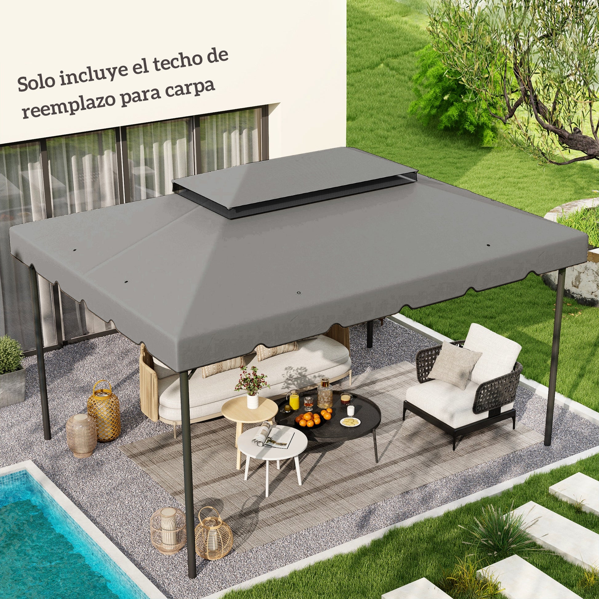 Replacement Canopy for Gazebo 4x3 m Double Roof Replacement Cover with 8 Drainage Holes Replacement Canopy for Gazebo Light Grey