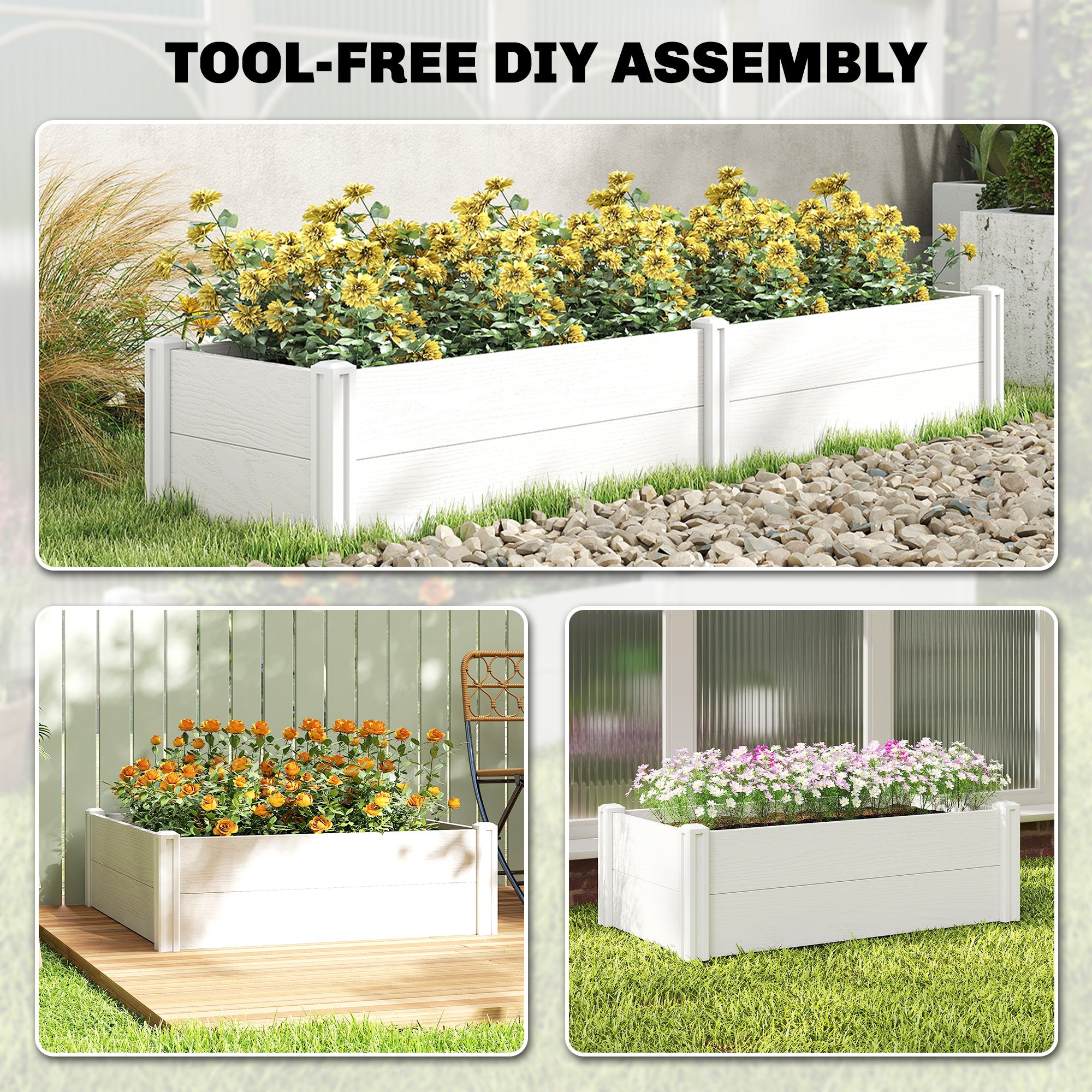 Plastic Raised Garden Bed, Snap-Together Planter with DIY Assembly – 197 x 54 x 33 cm for Garden, Balcony, Flowers, Plants, Vegetables