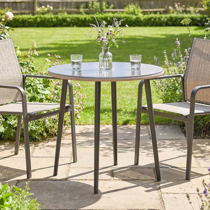 Round Garden Dining Table, Outdoor Patio Table 31.5 x 31.5 x 29.1 in, Tempered Glass Top with Rattan Edge, Steel Frame, 110 lb Capacity, for Patio & Balcony, Gray