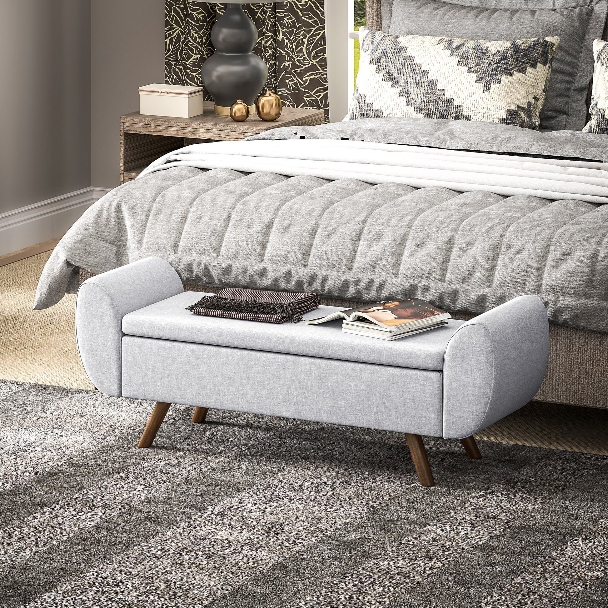 Storage Bench 53.8L Ottoman End-of-Bed Storage Chest Footstool with Padded Linen Seat and Armrests, for Living Room, Bedroom, Entryway, 132 x 42 x 50 cm, Gray