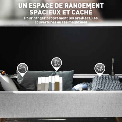 Storage Bench 53.8L Ottoman End-of-Bed Storage Chest Footstool with Padded Linen Seat and Armrests, for Living Room, Bedroom, Entryway, 132 x 42 x 50 cm, Gray