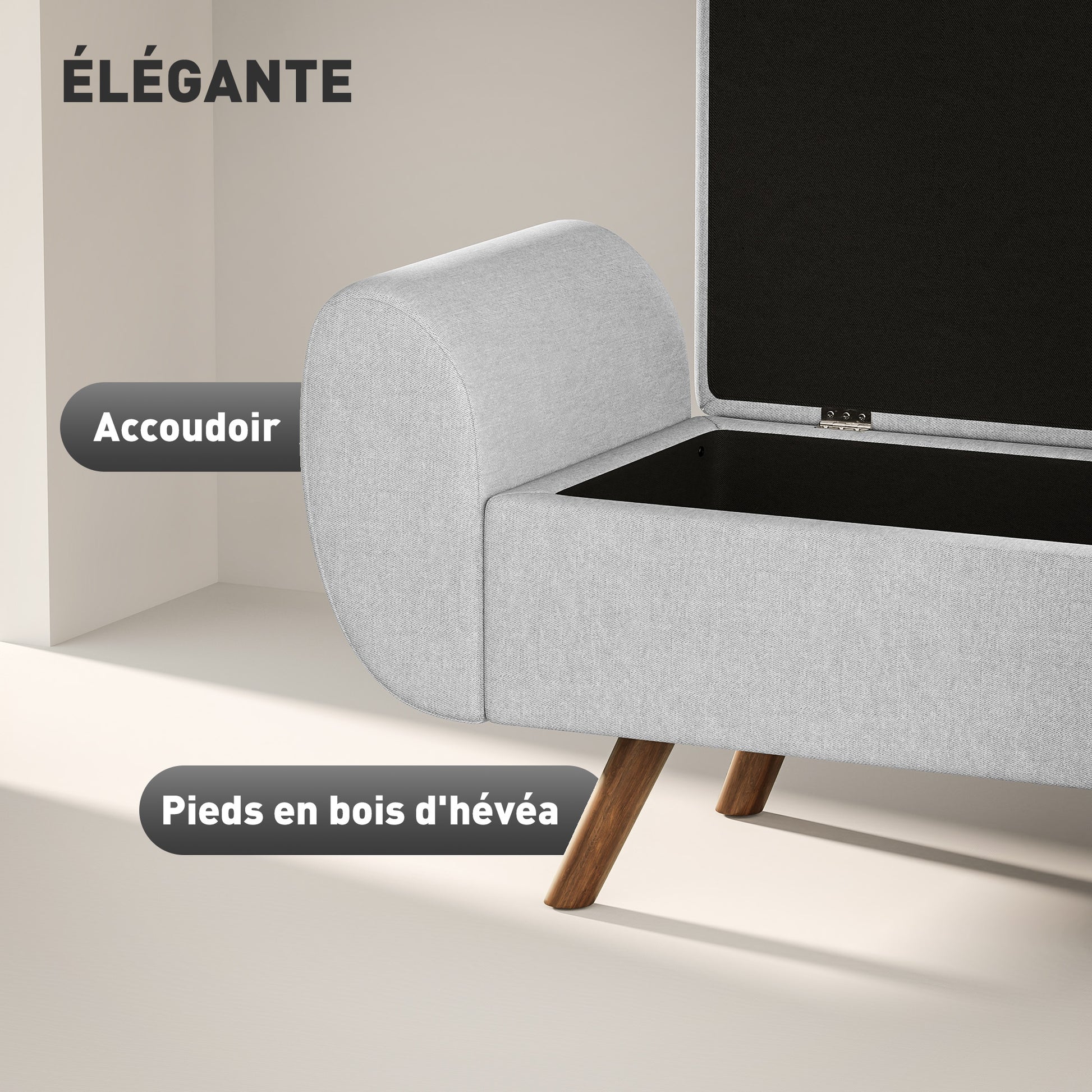 Storage Bench 53.8L Ottoman End-of-Bed Storage Chest Footstool with Padded Linen Seat and Armrests, for Living Room, Bedroom, Entryway, 132 x 42 x 50 cm, Gray