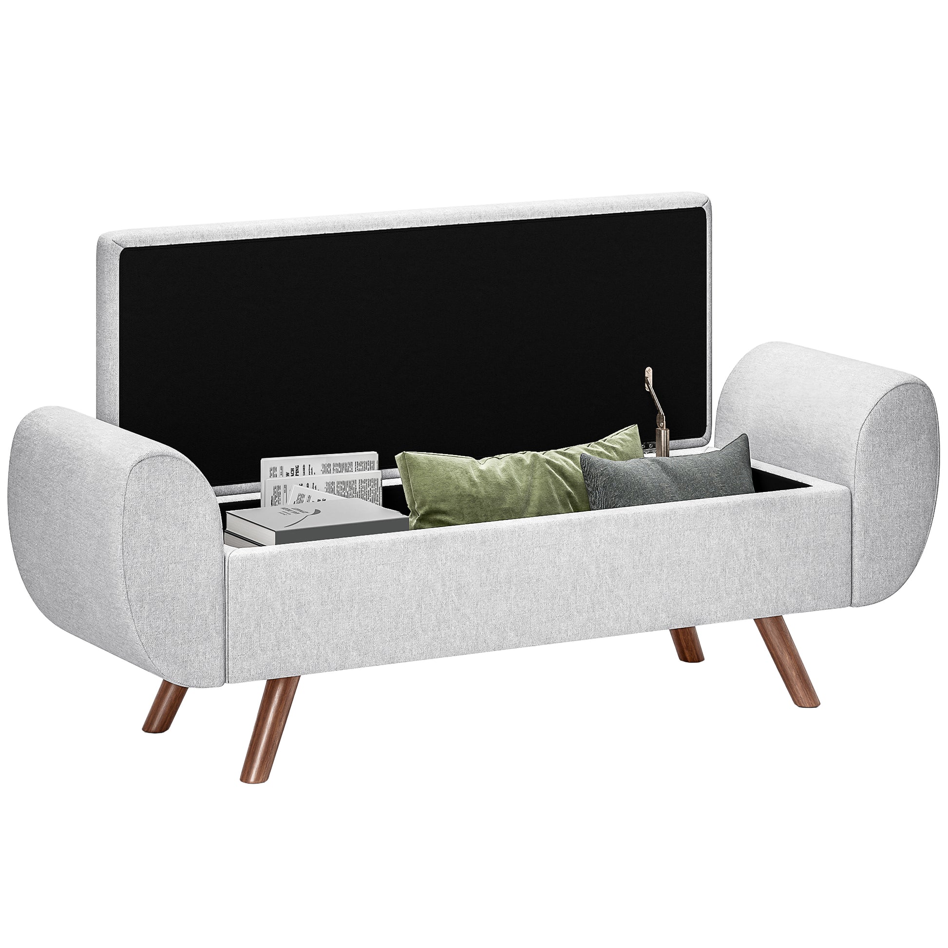Storage Bench 53.8L Ottoman End-of-Bed Storage Chest Footstool with Padded Linen Seat and Armrests, for Living Room, Bedroom, Entryway, 132 x 42 x 50 cm, Gray