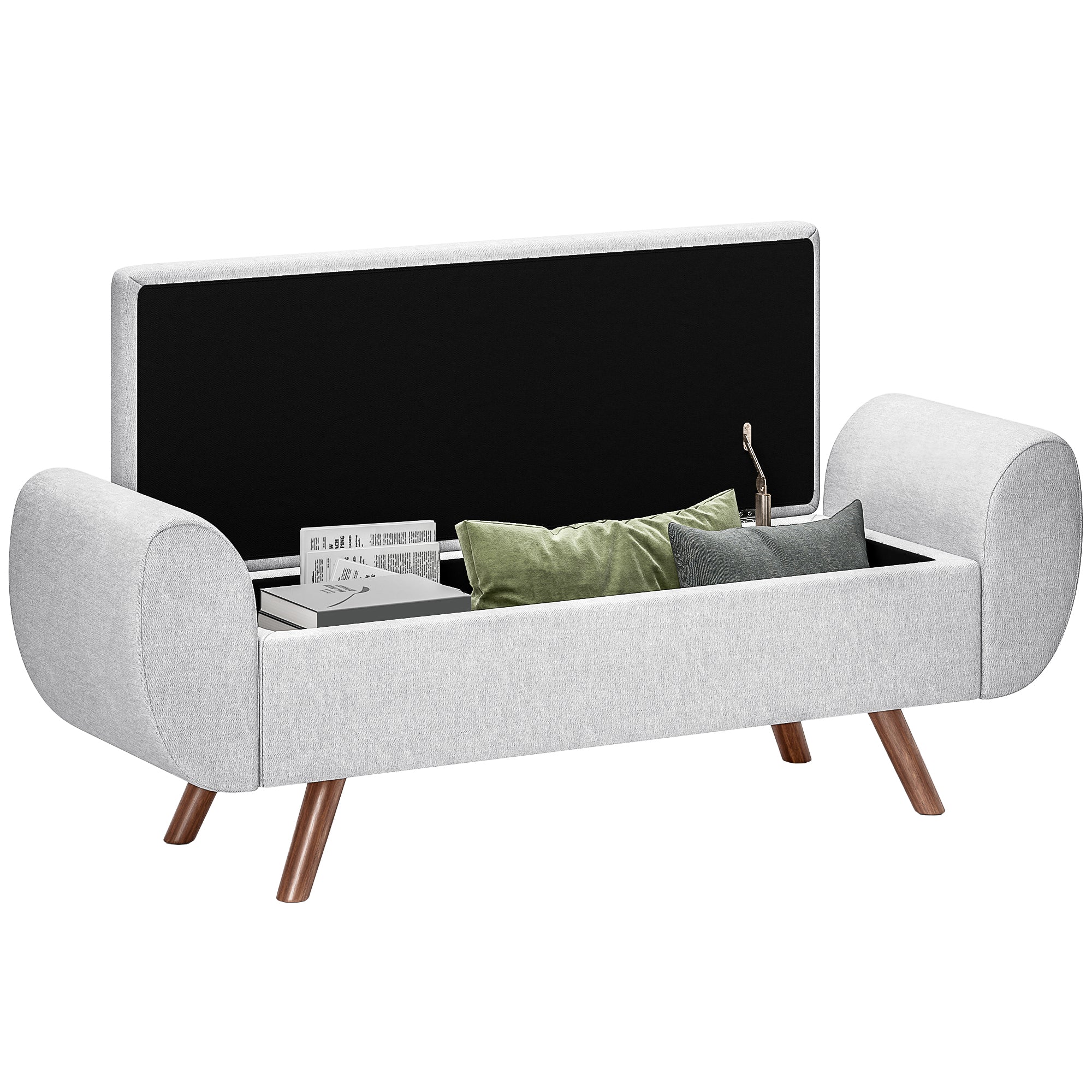 Storage Bench 53.8L Ottoman End-of-Bed Storage Chest Footstool with Padded Linen Seat and Armrests, for Living Room, Bedroom, Entryway, 132 x 42 x 50 cm, Gray