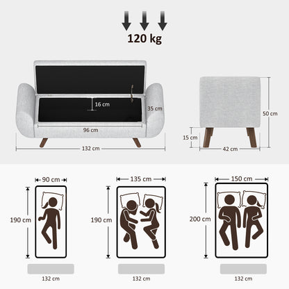 Storage Bench 53.8L Ottoman End-of-Bed Storage Chest Footstool with Padded Linen Seat and Armrests, for Living Room, Bedroom, Entryway, 132 x 42 x 50 cm, Gray