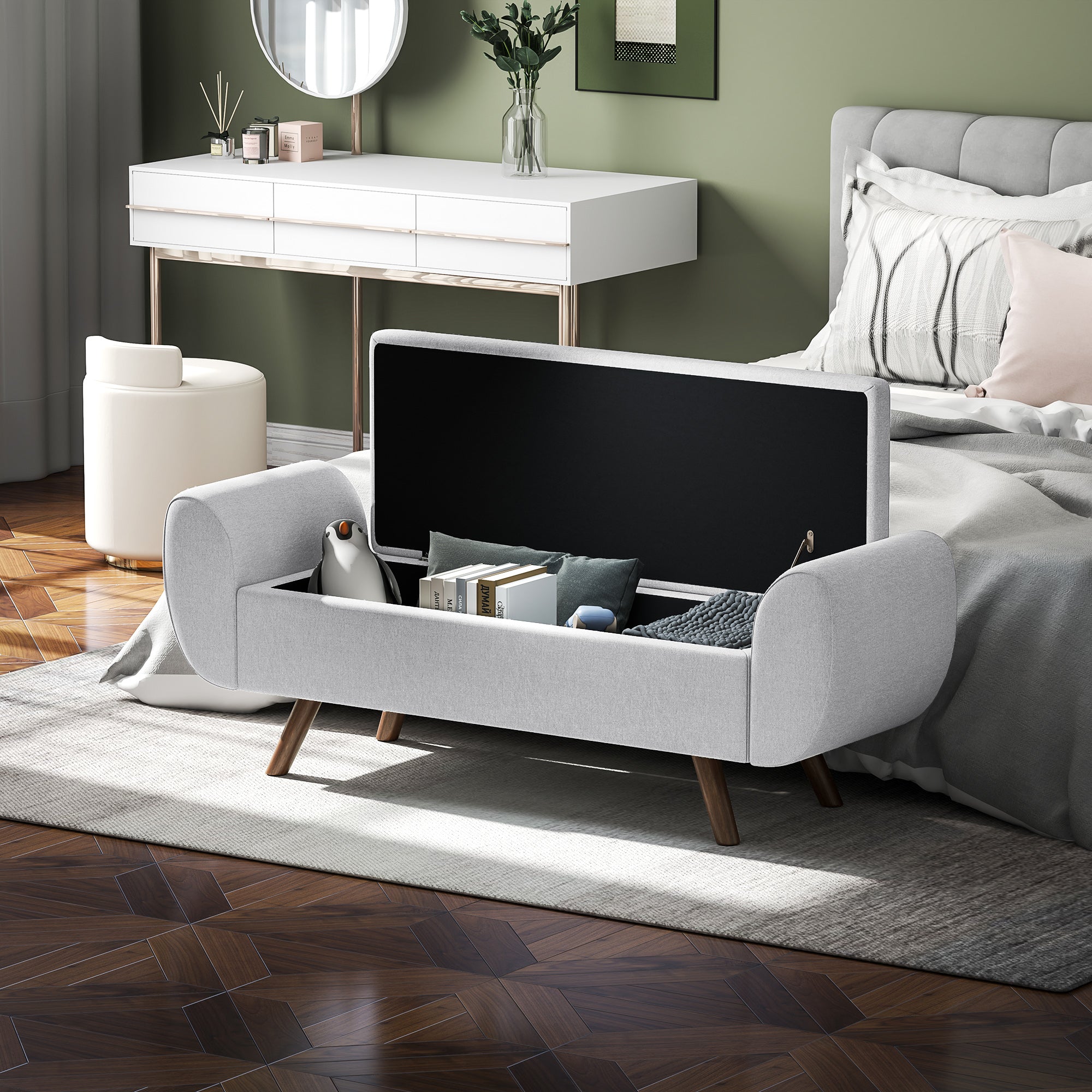 Storage Bench 53.8L Ottoman End-of-Bed Storage Chest Footstool with Padded Linen Seat and Armrests, for Living Room, Bedroom, Entryway, 132 x 42 x 50 cm, Gray