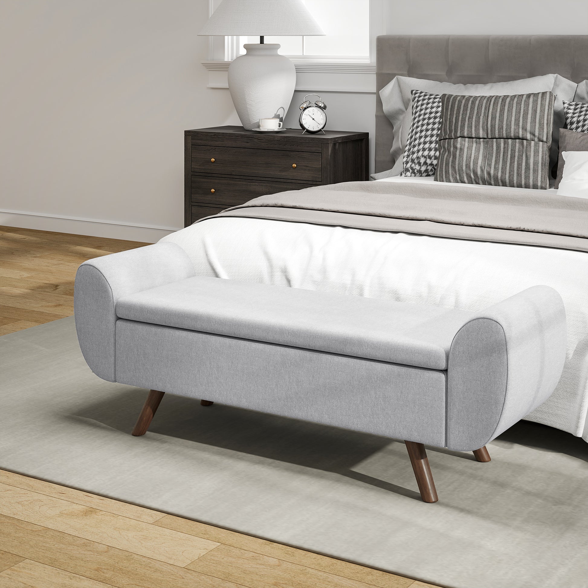 Storage Bench 53.8L Ottoman End-of-Bed Storage Chest Footstool with Padded Linen Seat and Armrests, for Living Room, Bedroom, Entryway, 132 x 42 x 50 cm, Gray