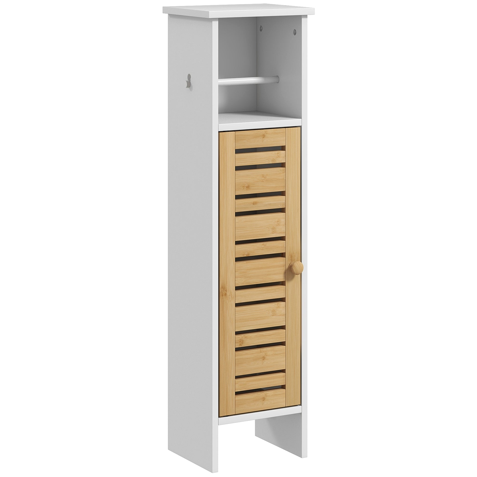 Bathroom Cabinet with Toilet Paper Holder and Removable Rod 3 Levels + Toilet Paper Holder, 21W x 17D x 78H cm, Bamboo and White